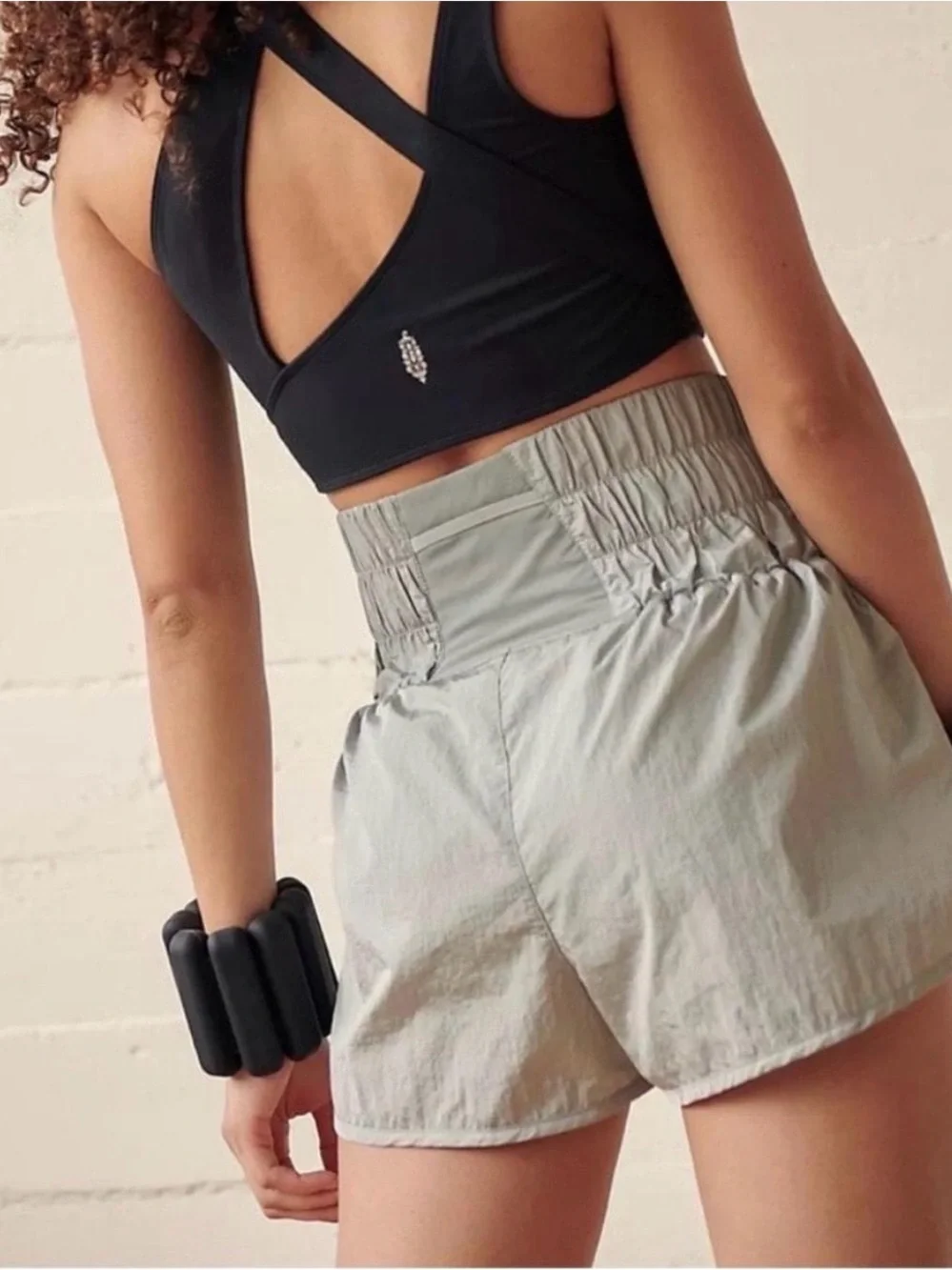 Free People Movement “The Way Home” High-Waist Smocked Shorts in Light Gray